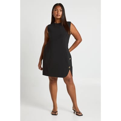 boohoo Dames Plus mouwloze gouden knoop shiftjurk | Black | Maat: 26