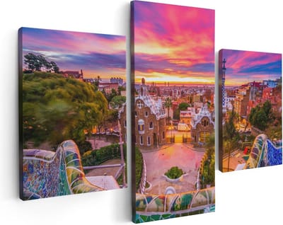Artaza Canvas Schilderij Drieluik Park Güell Uitzicht op Barcelona - 90x60 - Foto Op Canvas - Canvas Print