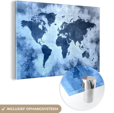 ® Glasschilderij 120x80 cm - Schilderij acrylglas - Wereldkaart - Kleur - Blauw - Foto op glas - Muurdecoratie woonkamer - Wanddecoratie slaapkamer - Schilderijen