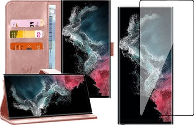 Hoesje geschikt voor Samsung Galaxy S22 Ultra - Book Case Kunstleer Wallet Cover Portemonnee Pasjeshouder Hoes Roségoud - PET Glasfolie Screenprotector