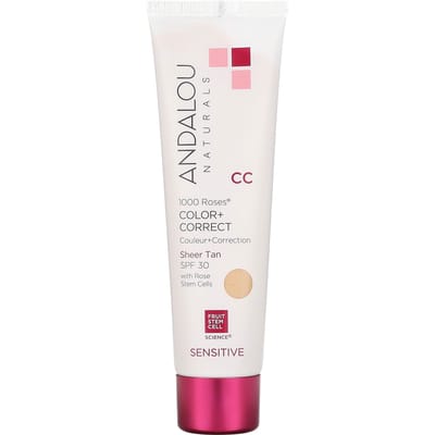Andalou Naturals, 1000 Roses, CC Color + Correct, For Sensitive Skin, SPF 30, Sheer Tan, 2 fl oz (58 ml) white