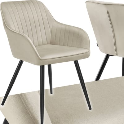 tectake® Eetkamerstoel - Gevoerde fluwelen zitting met gestikt patroon - Zwart metalen poten - Woonkamer, eetkamer, slaapkamer en kantoor - Draagkracht 120 kg - Crème /zwart