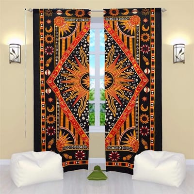 3D Indiase Gordijnen Zon Vorm Mandala Hippy Stijl Bohemien Woonkamer Slaapkamer Huisinrichting Zonnescherm Gordijn Ringtop 2 Gordijnpanelen W110H214(CM)x2&Grommet Top
