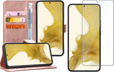 Hoesje geschikt voor Samsung Galaxy S22 Plus - Book Case Kunstleer Wallet Cover Portemonnee Pasjeshouder Hoes Roségoud - Tempered Glass Screenprotector