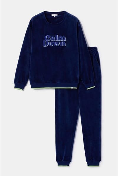 Woody pyjama meisjes/dames velours - donkerblauw - 'Calm down' - 252-10-YPE-V/897 - maat XL