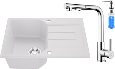 Anycee MAX Spoelbak Keuken Wit - Granieten Spoelbak 65x45CM - Spoelbakken Keuken Met Keukenkraan met Uittrekbare Uitloop en Zeepdispenser - Spoelbakken Met Afdruip - Opbouw Spoelbak