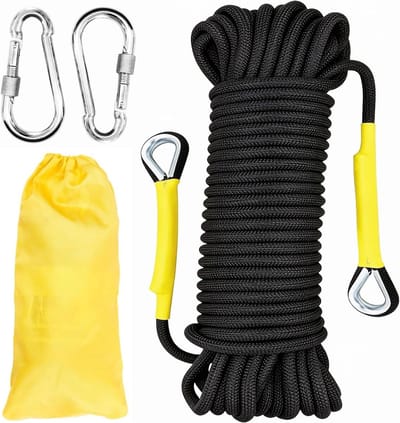 Statisch Klimtouw 8mm voor Outdoor Activiteiten - 5m Gevlochten Nylon Touw met 2 Stalen Haken voor Klimmen, Brandredding en Kamperen - UIAA Gecertificeerd Zwart