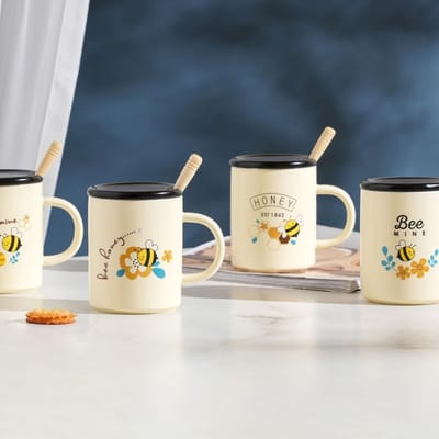 Animal d'Anime Petite Abeille avec Couvercle Cuillère Tasse en Céramique Mignon Minimaliste Ensemble Petite Tasse Cadeau Tasse Cadeau Souvenir 400ML white