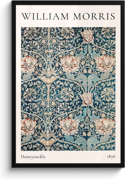 Poster in lijst - Fotolijst 60x90 cm - Posters - William Morris - Honeysuckle - Abstract - Natuur - Blauw - Posterlijst zwart - Decoratie - Wanddecoratie woonkamer - Muurdecoratie slaapkamer