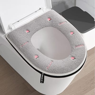 Pluche Toiletbrilverwarmers met Rits, Wasbare en Antislip Zitting, Grijze en Perzik Patroon, 38 x 43 cm