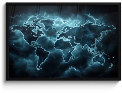 Poster in lijst - Fotolijst 90x60 cm - Posters - Wereldkaart - Bliksem - Blauw - Posterlijst zwart - Decoratie - Wanddecoratie woonkamer - Muurdecoratie slaapkamer