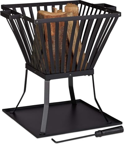 Vuurkorf XL - Vuurschaal - 56.5 cm Diameter - Vuurkorf met Onderplaat - Inclusief Pook - Vuurkorf voor Tuin & Terras - Voor Hout - 56x56.5x45 cm - Modern Design - Outdoor Vuurplaats - Zwart - Bodembescherming - Stabiele Vuurmand