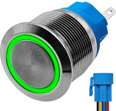 ProRide Metalen Drukschakelaar 12V ON-OFF - 22mm - Aan/uit schakelaar met Aansluitkabel - Spatwaterdicht - 12V/24V - LED Indicatie Groen