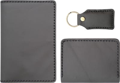 Paspoort & Kaartenhouder Set, Handgemaakt Leder, 3-delig met Sleutelhanger, Antraciet