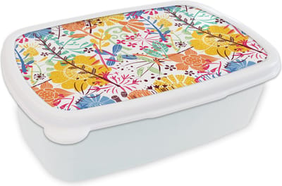 Broodtrommel Wit - Lunchbox - Brooddoos - Bloemen - Planten - Regenboog - Patronen - 18x12x6 cm - Volwassenen