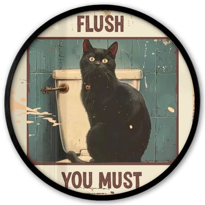 Poster in lijst Rond - Fotolijst 40x40 cm - Posters - Kat - Vintage - Zwart - Quote - Flush you must - Ronde posterlijst zwart - Decoratie - Wanddecoratie woonkamer - Muurdecoratie slaapkamer