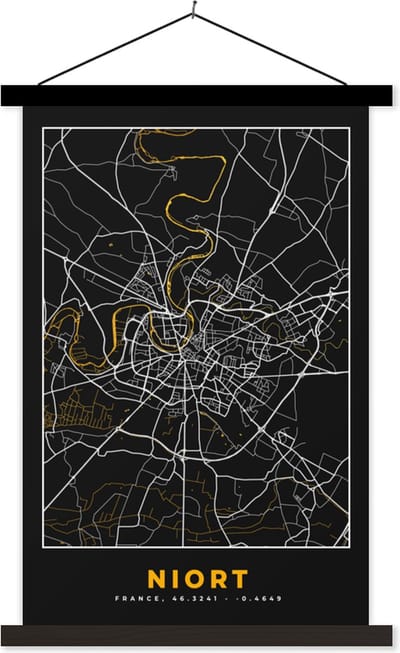 Posterhanger incl. Poster 40x60 cm - Schoolplaat - Plattegrond – Niort – Stadskaart – Kaart – Frankrijk - Textielposter - Zwarte latten - Stadskaart