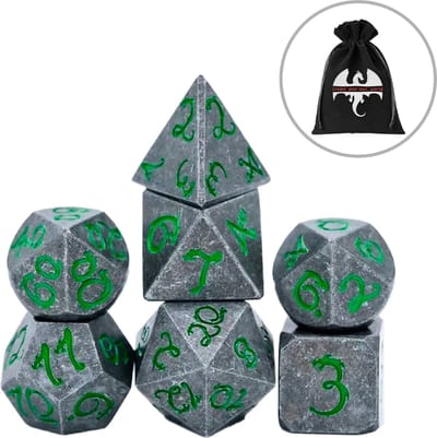 Lapi Toys - Dungeons and Dragons dobbelstenen - DnD - D&D - Polydice - 1 set (7 stuks) - Metaal - Grijs - Groen