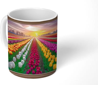 Mok - Koffiemok - Doorkijk - Bloemen - Tulpen - Kleurrijk - Zonsondergang - Mokken - 350 ML - Beker - Koffiemokken - Theemok