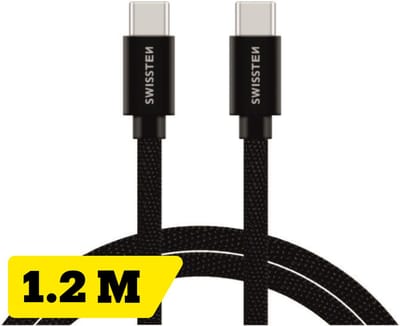 Swissten USB‑C naar USB‑C Oplaadkabel 1,2 meter – Power Delivery Snellader – voor Samsung, iPad, MacBook & iPhone 15,16,17 – Gevlochten Nylon – Zwart