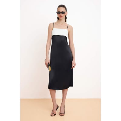 Zwarte mouwloze midi-jurk met kleurblokken voor dames