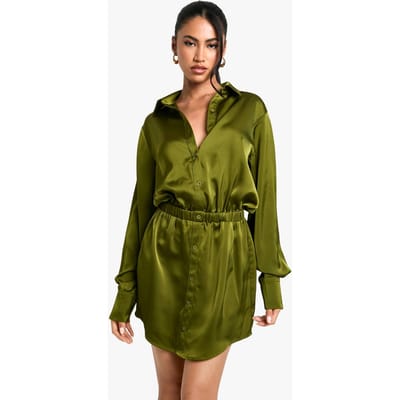boohoo Dames Satijnen Overhemd Mini Jurk | Kaki | Maat: 36