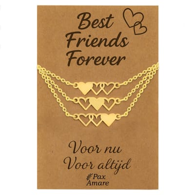 BFF Ketting voor 3 'Best Friends Forever' - Hartjes - Vriendschapsketting op Cadeau Kaartje - 45cm + 5cm verstelbaar - Goudkleurig - Best Friends Hanger - Pax Amare