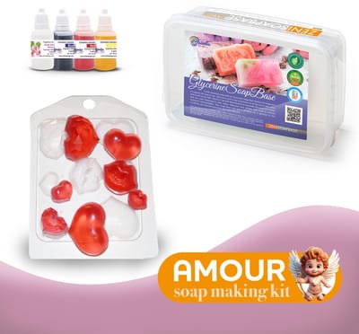 Zelf Zeep Maken Pakket Amour – DIY Starterset met 1KG Gietzeep, Kleurstoffen, Geurolie, Hartjes Mal en Stickers – Cadeau Set – ArinKaSoap