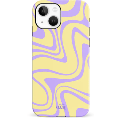 xoxo Wildhearts Sunny Side Up - Double Layer - Hard hoesje geschikt voor iPhone 15 case - Siliconen hoesje iPhone met golven print - Cover geschikt voor iPhone 15 beschermhoesje - geel / paars
