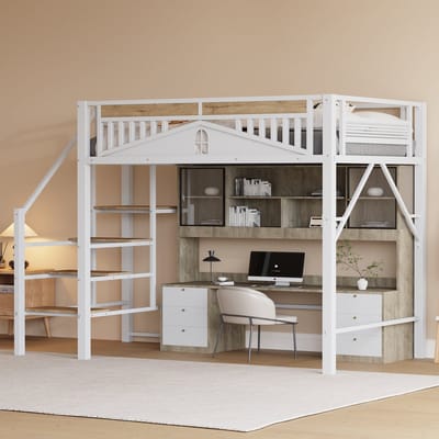 REDOM Bedframe 140x200 cm – Hoogslaper met veiligheidsladder & uniek raampatroon – Metaal/hout – Wit