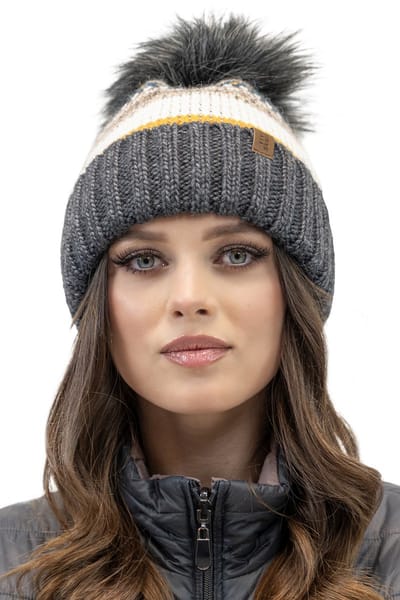 Vivisence Dames Wintermuts - Gebreid Met Wol En Grote Pompon Van Eco Vezels - Zachte Antistatische Fleecevoering Houdt Haar Glad En Biedt Warme Bescherming Op Koude Winterdagen - Donkergrijs