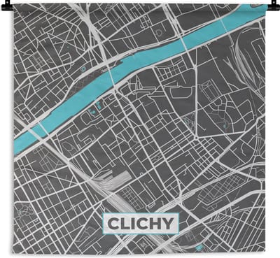 Wandkleed - Wanddoek - Clichy - Frankrijk - Plattegrond - Kaart - Stadskaart - 180x180 cm - Wandtapijt