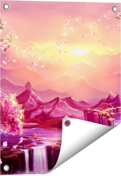Gards Tuinposter Illustratie van Watervallen met Bloesems - 40x50 cm - Tuindoek - Tuindecoratie - Wanddecoratie buiten - Tuinschilderij