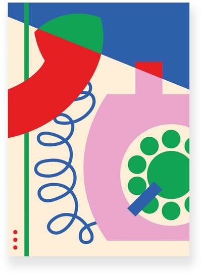Poster 20x30 cm - Retro Telefoon - Rood - Roze - Blauw - Abstract - Vintage - Muurdecoratie - Wanddecoratie