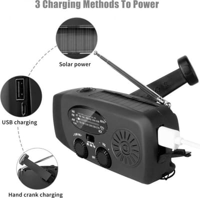 Draagbare noodradio - Noodpakket - Powerbank 2000 mAh - Zaklamp - Solar opwindbaar - Kunststof - Zwart