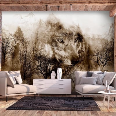300cm X 210cm - Fotobehang - Wolf in de bergen  III, premium print vliesbehang