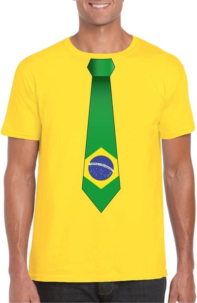 Geel t-shirt met Braziliaanse vlag stropdas heren - Brazilie fan supporter S