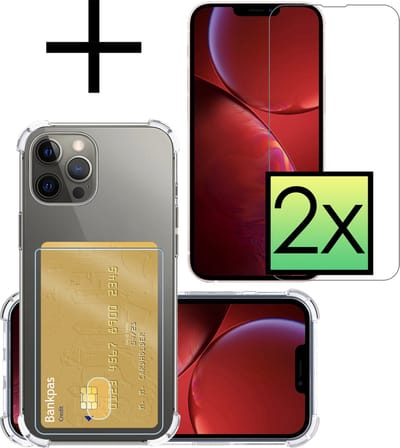 Hoesje - Geschikt voor Apple iPhone 14 Pro - Met 2x Screenprotector - Pashouder - Kaarthouder - Telefoon Hoes Shockproof - Siliconen Case - Back Cover - Shock Proof - Pasjes Houder - Transparant