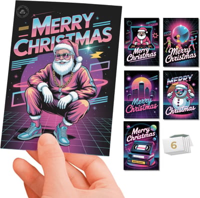 Inspra Studio – Luxe Kerstkaarten met Enveloppen – 6 Stuks – Jaren 80 Wenskaarten Set 2 – Artistieke Illustraties met Nostalgische Retro Stijl