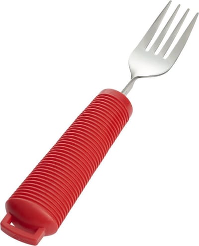 Aangepast dik bestek, Vork. Verdikt handvat met soft grip. Buigzaam / Buigbaar. Rood