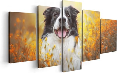 Artaza Canvas Schilderij Vijfluik Blije Hond Tussen De Bloemen - 100x50 - Foto Op Canvas - Canvas Print