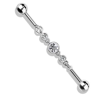 Industrial piercing PVD 3 ronde CZ steentjes ketting - zilver - LMPiercings