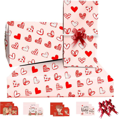 Famanu - Cadeaupapier,Valentijnsdag inpakpapier, 4 rood hart geschenkpapier zwevend 85 x 60 met 4 strikken, 4 kaarten, 4 labels, geschenkverpakking voor kinderen, baby, vrouw, man op verjaardag