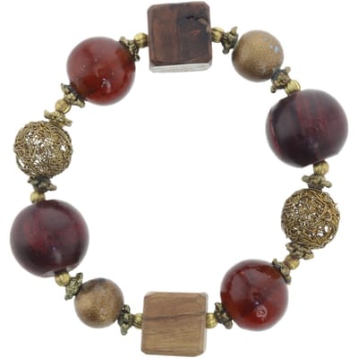Behave – Armband – Bruin – Goudkleurig – Hout – Glas – Bohemian Chic