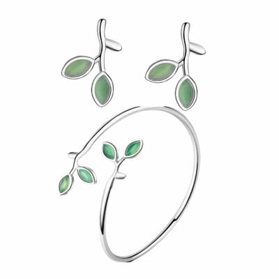 2-Delige Set- Zilver- Bangle armband - Oorbellen- Green Leaf-Charme Bijoux