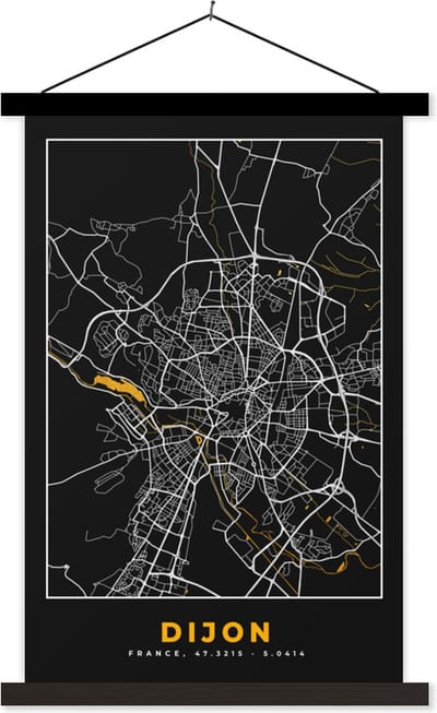 Posterhanger incl. Poster 40x60 cm - Schoolplaat - Frankrijk – Dijon - Plattegrond – Stadskaart - Kaart - Textielposter - Zwarte latten - Stadskaart