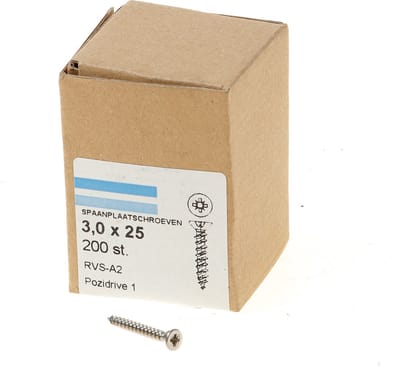 Hoenderdaal Spaanplaatschroef RVS platverzonken kop PZ1 voldraad 3.0X25 (per 200 stuks)