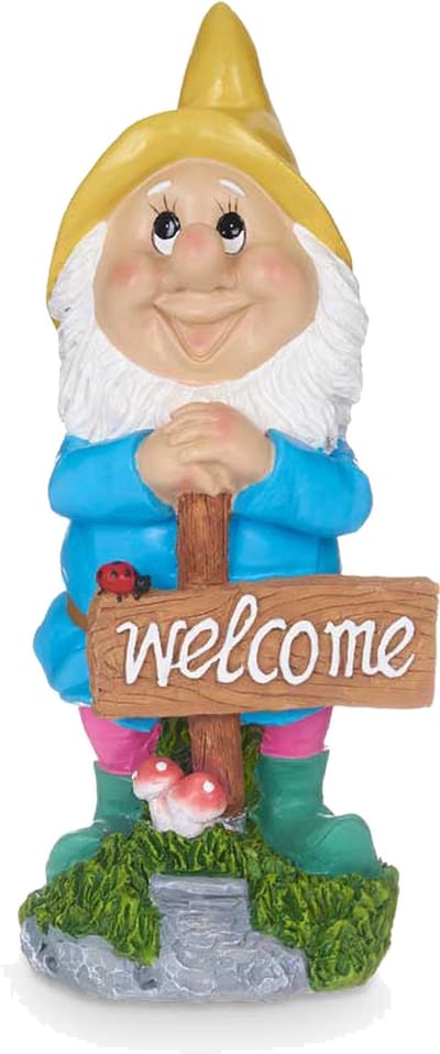 Giftdecor Tuinkabouter beeldje met Welcome bord - Polyresin - muts geel - 27 cm - decoratie dwerg