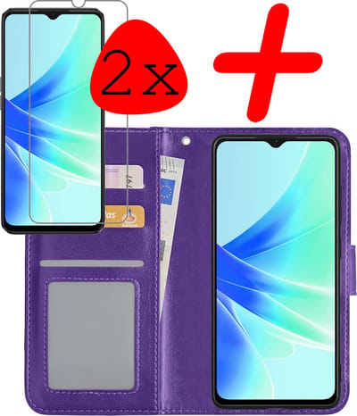Hoesje Met 2x Screenprotector - Geschikt voor OPPO A57 - Luxe Pasjeshouder - Bookcase Portemonee - Flip Case - Kunstleer Book Case - Flipcase Hoes - Book Cover - Walletcase - Portemonneehoes - Paars