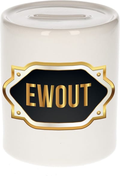 Spaarpot met voornaam Ewout - wit - met goud/zwart embleem - 8 x 9 cm - keramiek - met afsluitdop - cadeau verjaardag